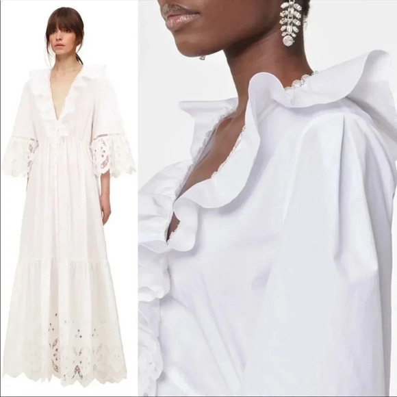 Self Portrait Lace Bell Sleeve Cotton Broderie Maxi Dress-sz 4-NWT - Picture 3 of 14